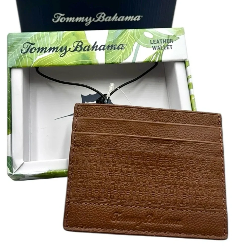 Tommy Bahama Tan Basket Weave Leather Card Case Slim Wallet Men's